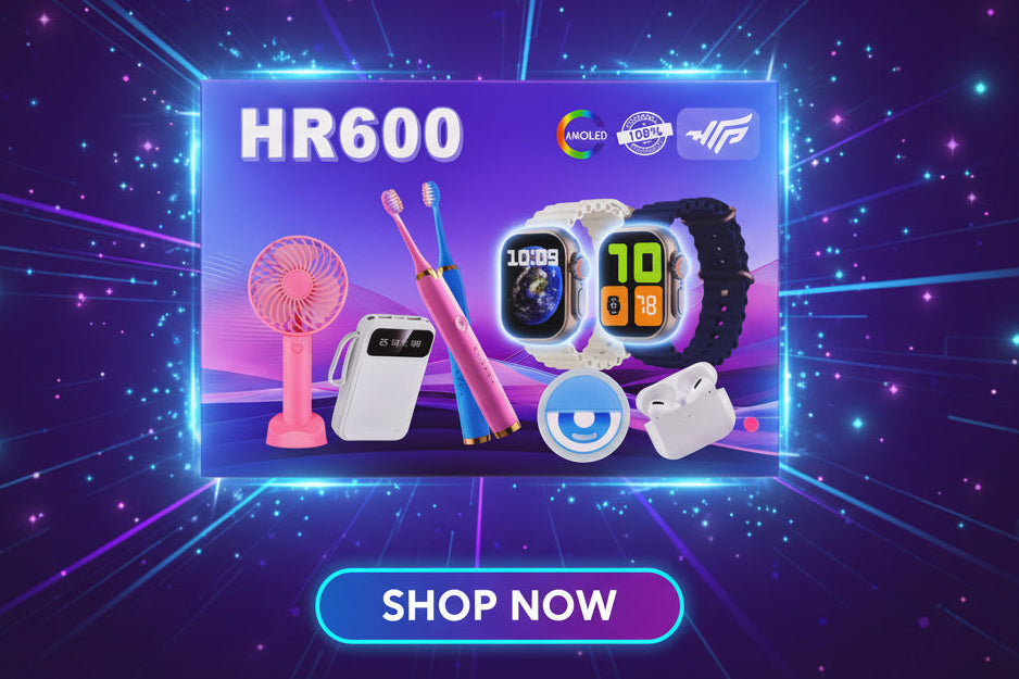 HR600 8-in-1 Premium Gadget Gift Set Pakistan | Smartwatch + Earbuds + Fan + Power Bank | AuraMobile