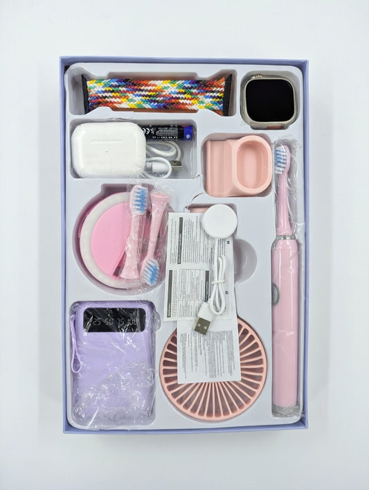 HR600 8-in-1 Premium Gadget Gift Set Pakistan | Smartwatch + Earbuds + Fan + Power Bank | AuraMobile