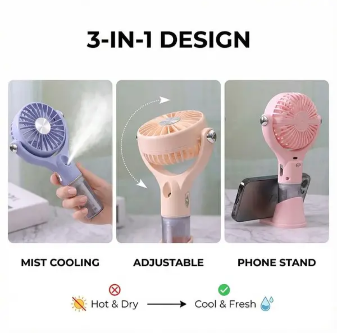 🌬️ Spray Fan Portable Handheld Mist Fan with Water Spray | 100 Speed | Oscillating | USB Rechargeable | Mini Personal Cooler